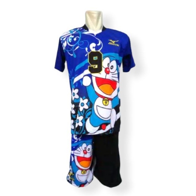 Kaos jersey voli volly mizun0 motif kartun doraemon bahan tebal printing murah