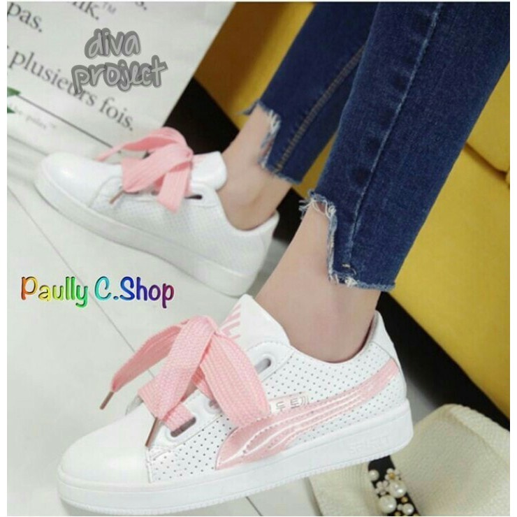 Sepatu Sneakers Tali Pita Ammory Pink. Putih R3