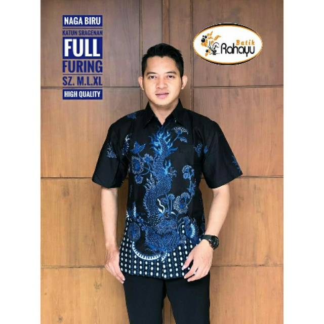 Batik pria naga biru lengan pendek
