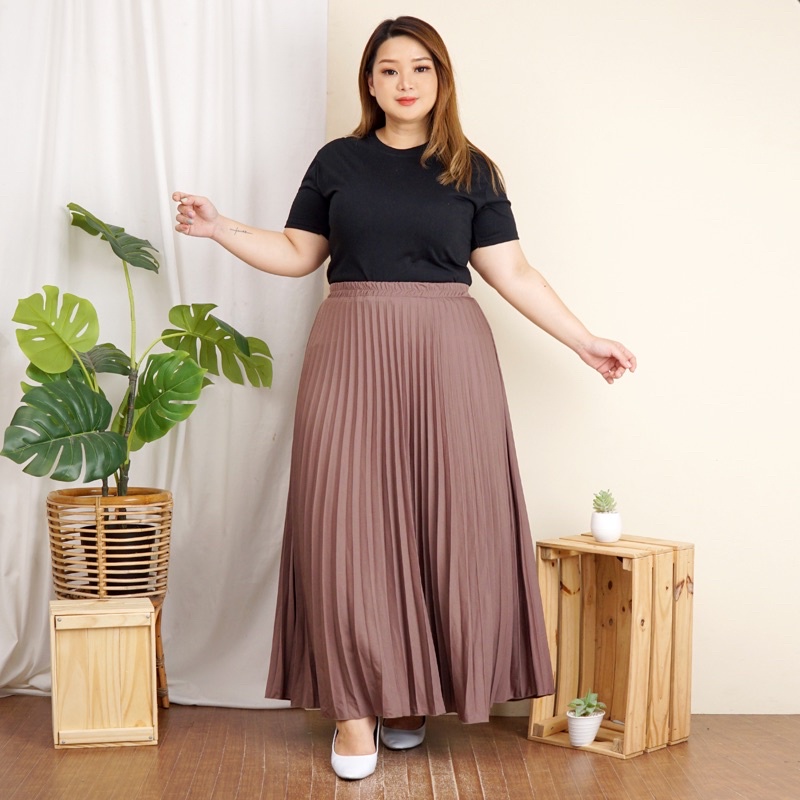 ROK PLISKET JUMBO XXL PAYUNG PLEATED SKIRT MURAH MUSLIM IBU ACARA POLOS ROK PANJANG PAYUNG MAYUNG-Mocca