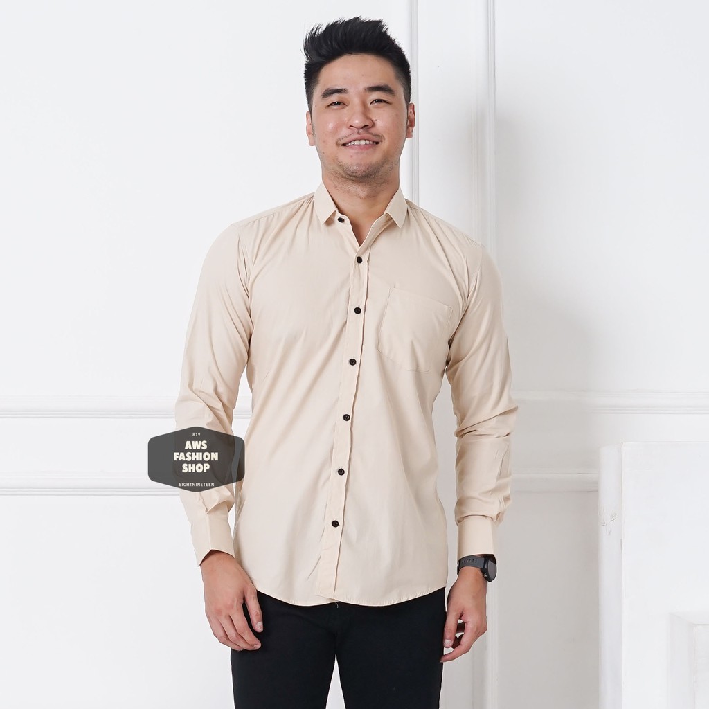 Kemeja Pria Lengan Panjang Polos Cream Krem Kemeja Slimfit Kemeja Polos Casual 819 - EightNineTeen