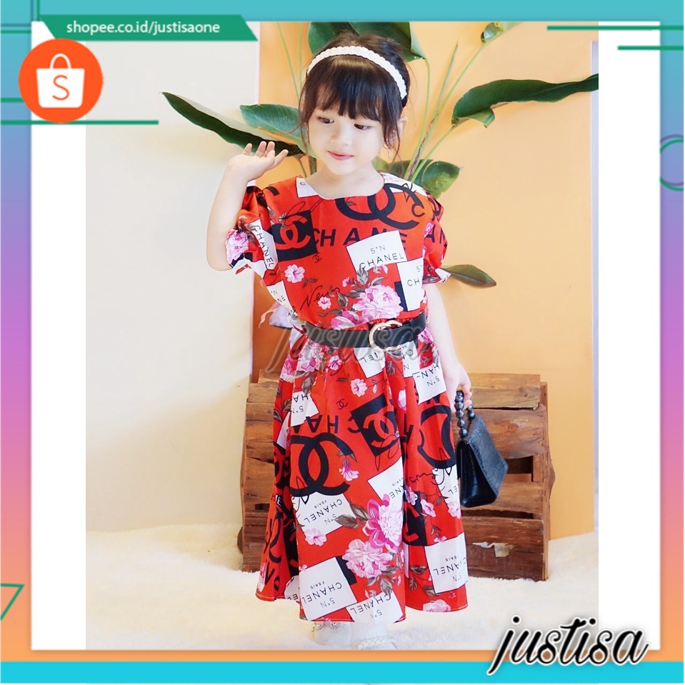 Promo !! Dress anak cewek import / dress flower much chanel uk 3-7th (Pink,Kuning,Navy,Dusty,Merah)