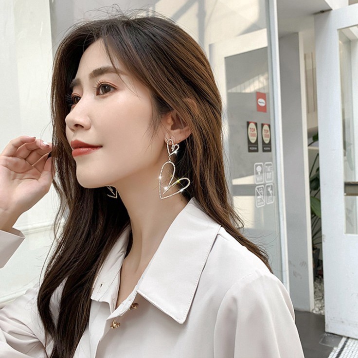 Anting Tusuk Gantung Bahan Sterling Silver 925 Desain Hati Hias Berlian Gaya Korea Untuk Wanita