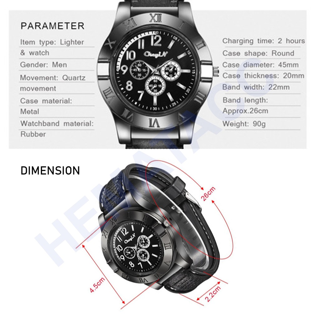 Jam Tangan Korek Api Elektrik Military Outdoor Windproof Travel Formal Pria QUARTZ Pemantik Api