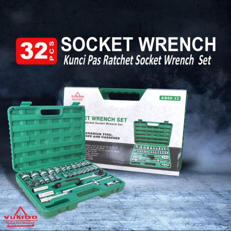 paket hemat kunci socket 32 pcs Kunci Sock Set 1/2''/ 12 pt 32 pc / Socket Wrench Set 32pcs YUKIDO - YUKIDO