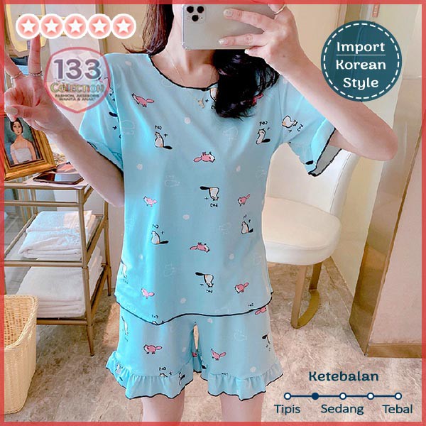 Baju Tidur Neci Keriwil Import Rumbai 居家服 | Setelan Piyama HP Hotpants Gelombang-Cat Biru