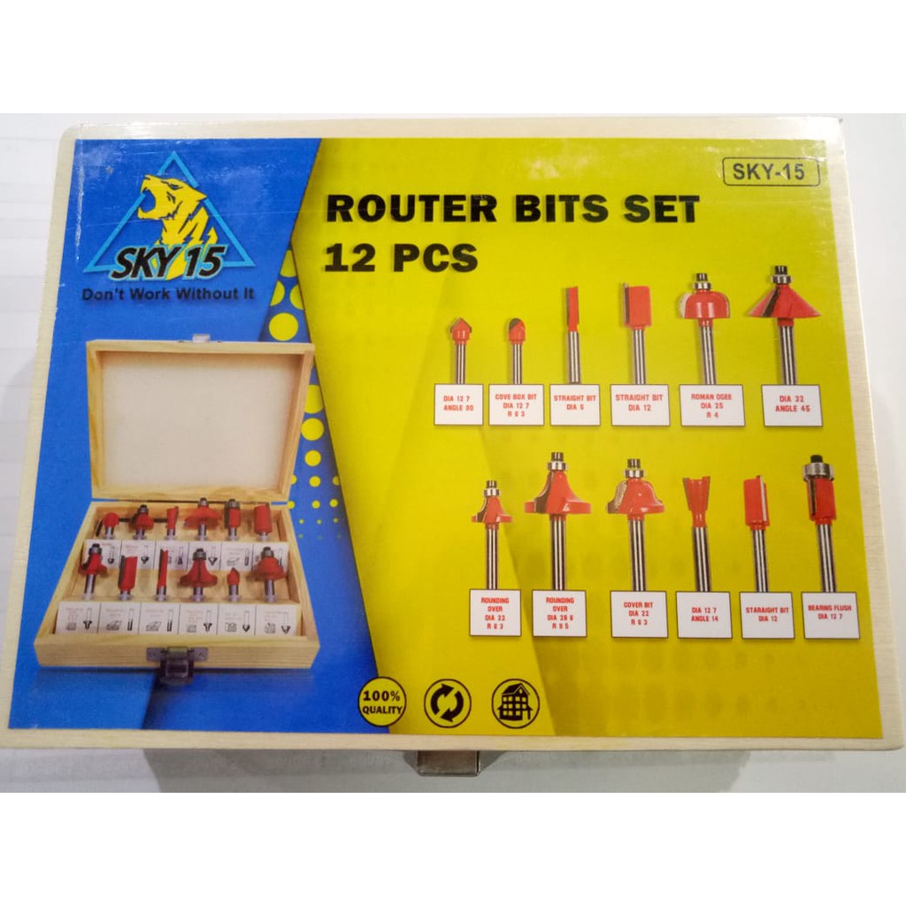 MAIL SET  12 pc router bit set mata profil mata trimmer krisbow tolsen Mata Profil Set 12pcs Trimmer Router Bits Set 1/4” Kayu Router Mailtank Woodworking Shank Trimmer