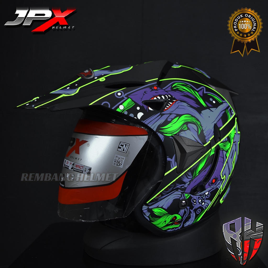 HELM JPX SUPERMOTO MOTIF SHARK BLACK DOFF, HELM HALF FACE, HELM SEMI CROSS, JPX OFFICIAL