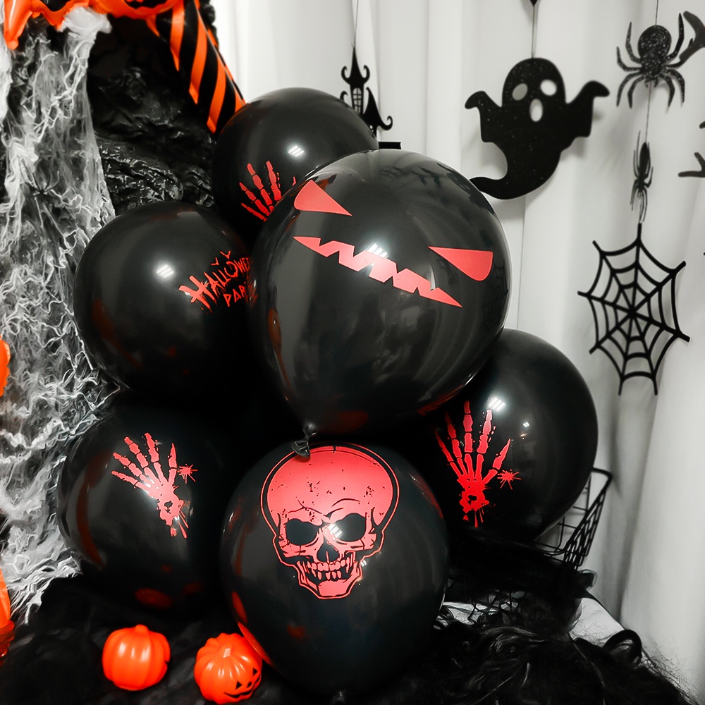 10pcs Balon Latex Motif Hantu Laba-Laba Kelelawar Tengkorak Warna Hitam Putih Ukuran 12 Inci Untuk Dekorasi Pesta Halloween