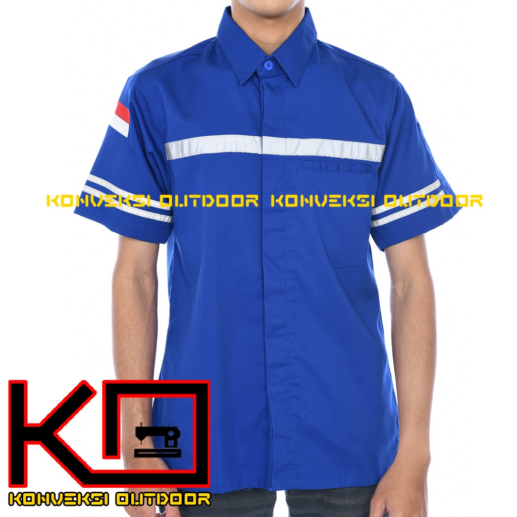 KEMEJA WEARPACK BAJU SAFETY K3 OUTDOOR INDOOR - Seragam Kemeja Kerja Lapangan Lengan Pendek Proyek Bangunan Tambang Alat Berat PLN Enginer Instalasi Mesin werpek sefti Scotlit Warna Biru Konveksi Outdoor