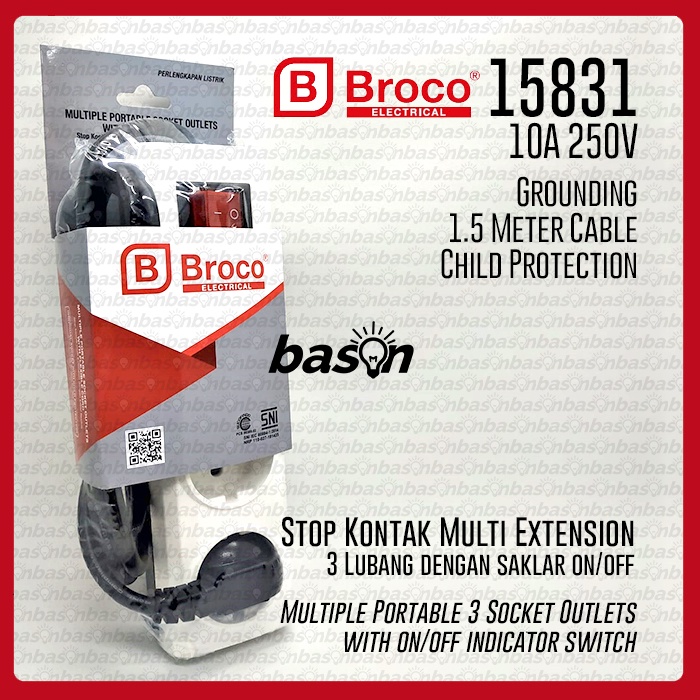 BROCO 15831 Stop Kontak 3 Lubang 10A Arde + Kabel 1.5 m + Switch + CP