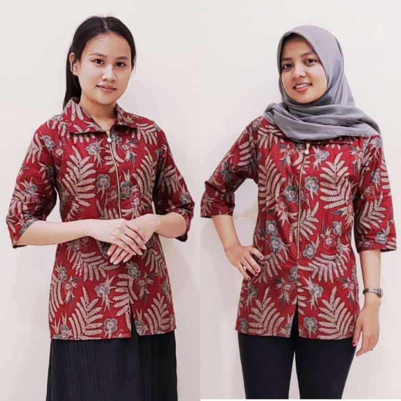 COD Baju Atasan Wanita Blus Kerja Batik Athira Merah