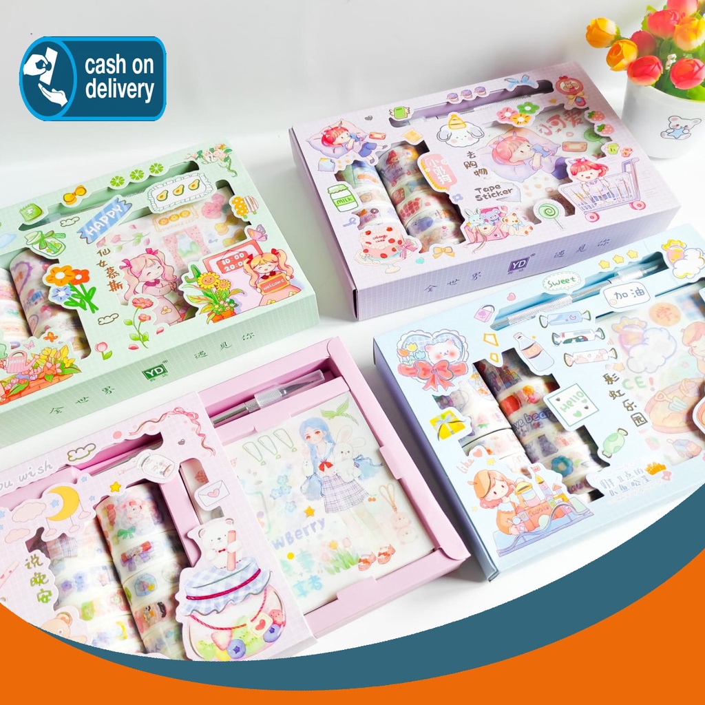 

1 SET STICKER DAN WASHI TAPE PISAU PEMOTONG KODE YD-SZKD PAKET STICKER DAN CUTTER UNIK LUCU IMUT KARAKTER GAMBAR