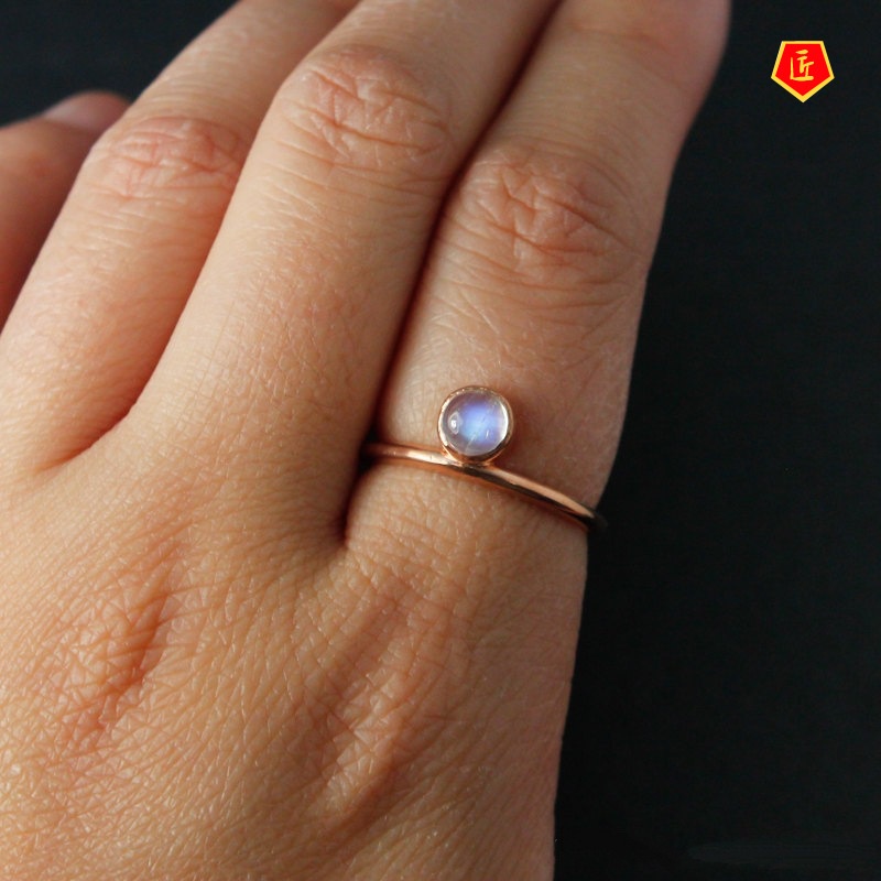 [Ready Stock]Creative round Moonstone Geometric Triangle Ring 14K Gold Personality