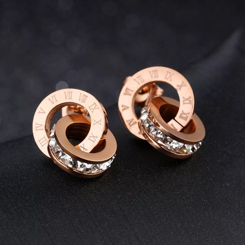 Anting Titanium Anti Karat Wanita Korean Style Bulan Cincin Angka romawi Mata Putih