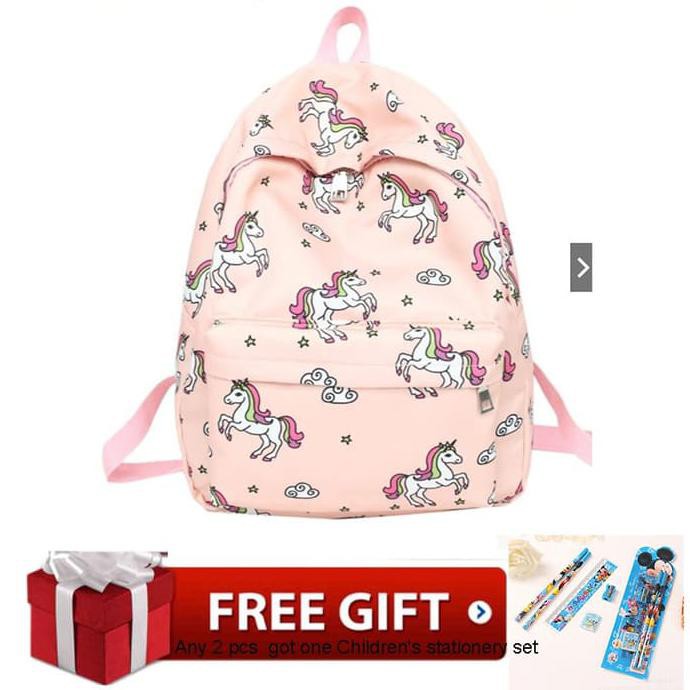 Pengiriman Cepat PU336 Tas Ransel Wanita Motif Print Kartun Unicorn Warna Pink BARANG BAGUS