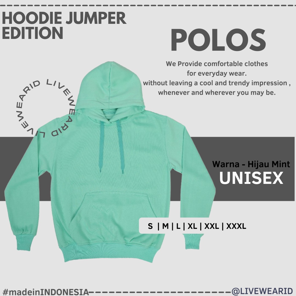 LIVEWEARID SWEATER POLOS HOODIE JUMPER HIJAU MINT - UNISEX WANITA DAN PRIA NORMAL SIZE & BIGSIZE S-X