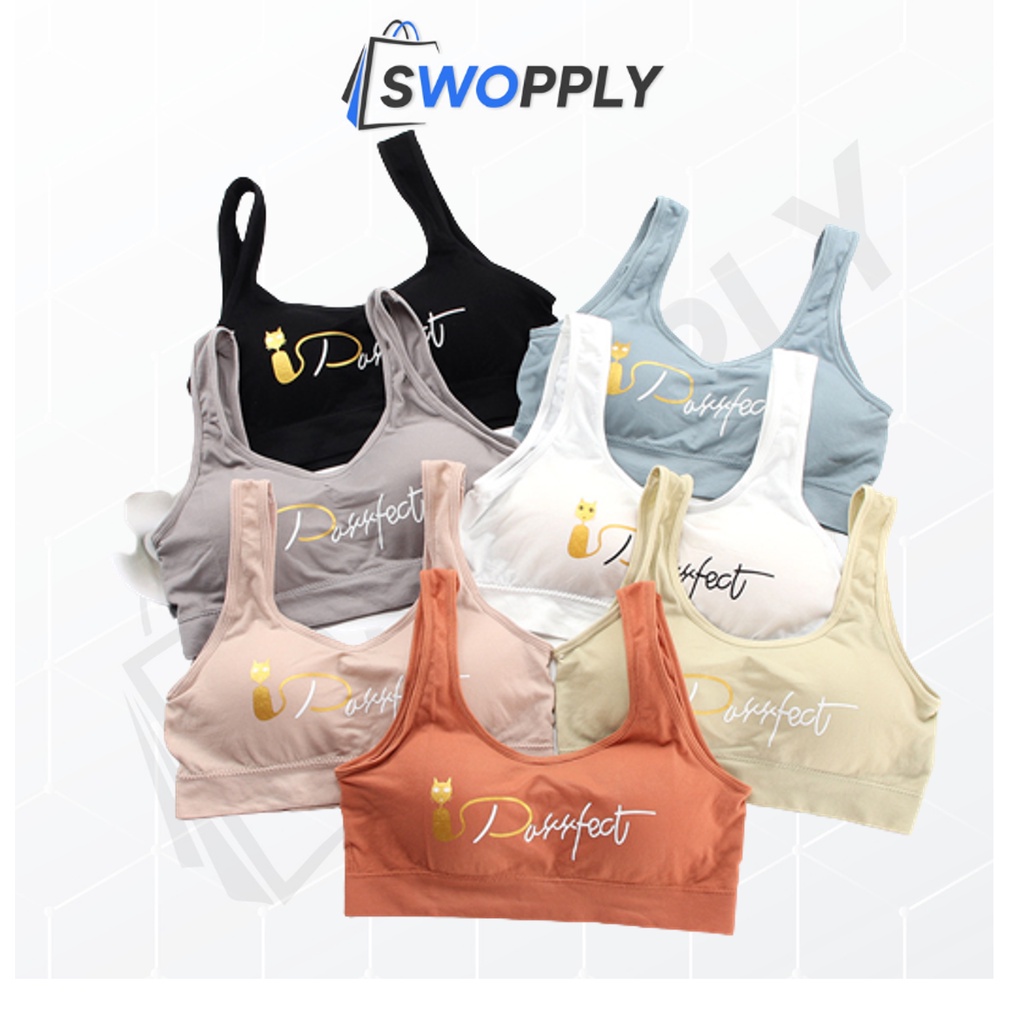 Swopply BRA536 Bra Tanpa Kawat Miniset Pakaian Dalam Wanita Motif Kucing Purrfect Cat Bra Olahraga Sportbra Gym