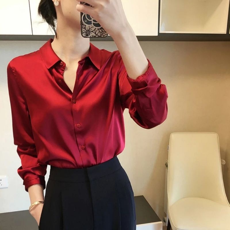 Zero~ 2520 Adella Silk Satin Plain Shirt//Atasan Kemeja &Blouse Wanita//Fashion Import-Red