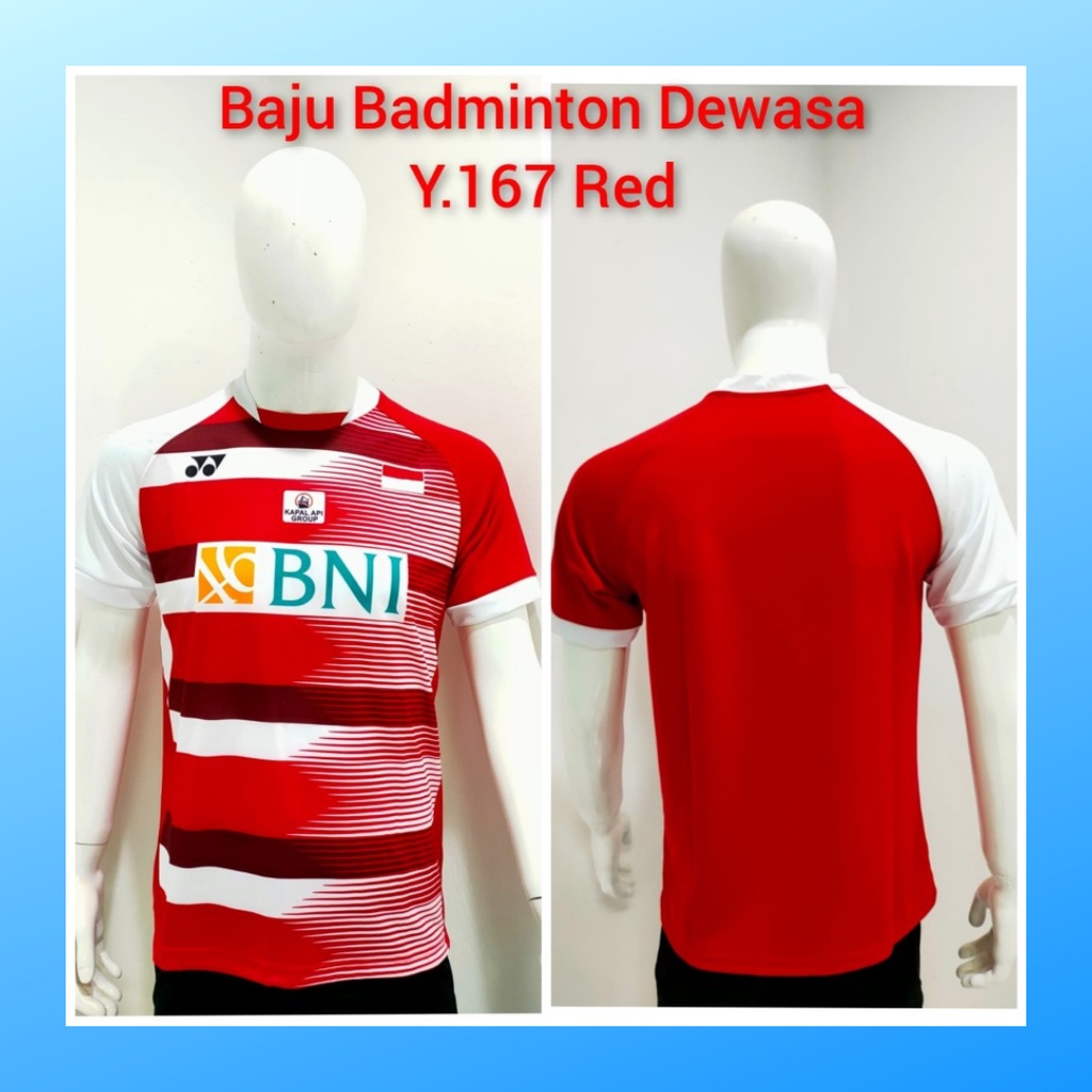 Kaos badminton pria jersey bulutangkis baju atasan jersy wanita dewasa t-shirt outfit seragam kostum olahraga casual suit pakaian jarsey oblong apparel sports jersi bulu tangkis Y167 merah sponsor