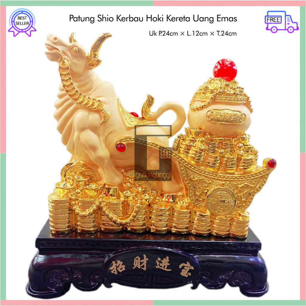 Pajangan Hiasan Patung Imlek Rejeki 12 Shio Kerbau Sapi Fengshui Lucky Uang Emas Gold Besar XL Resin