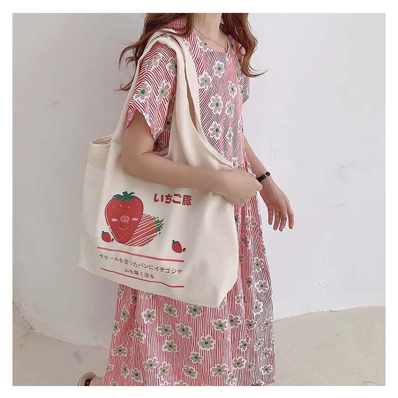 TC-08 tas canvas tote bag wanita import korea jepang simple besar strawberry stroberi