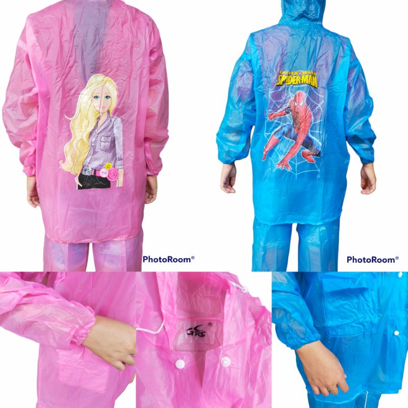 Jas Hujan Anak Remaja Setelan Jaket Celana SD/SMP Karakter Barbie-Spiderman Y838 - Mantel Mantol Anak Remaja Tanggung