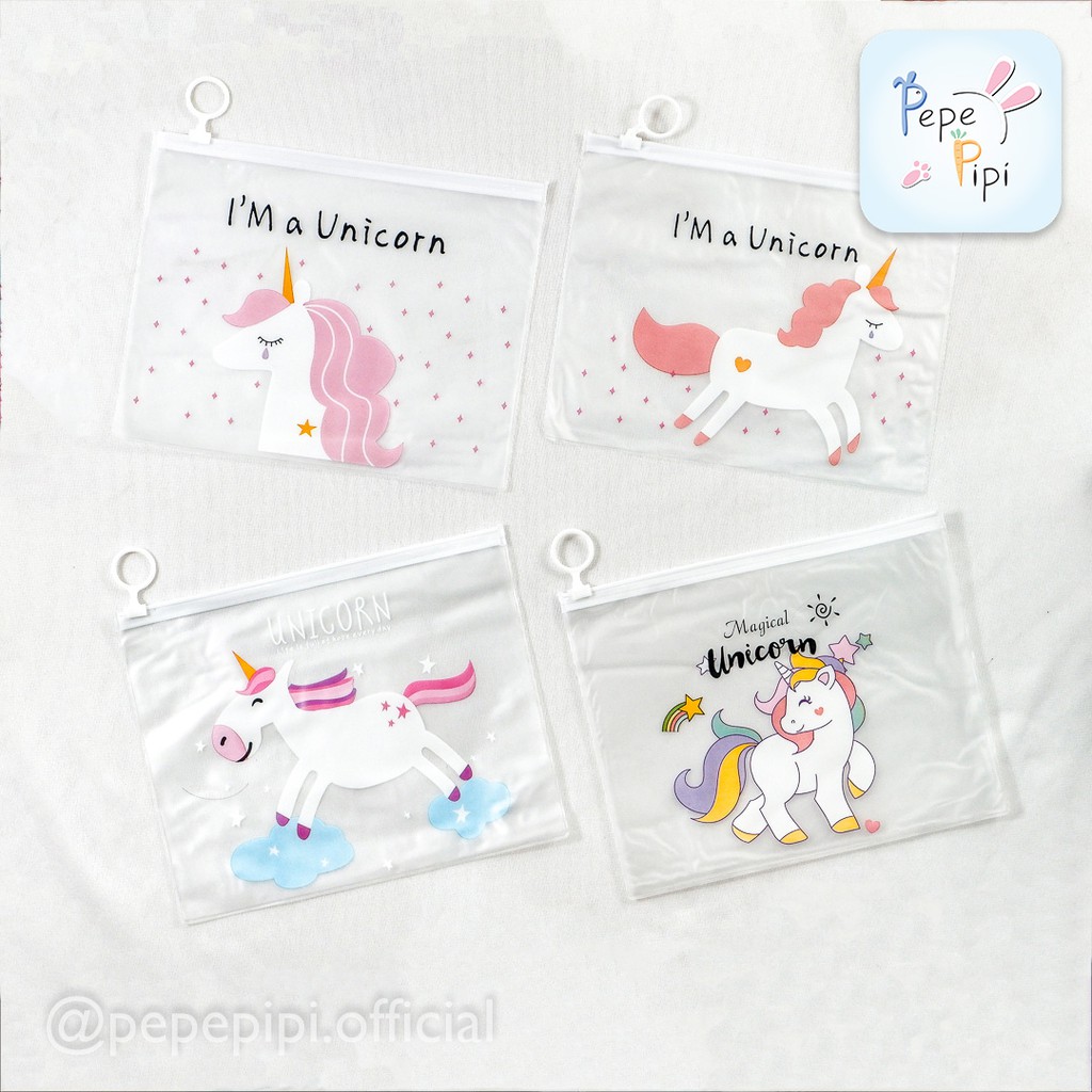 Map Plastik Unicorn ukuran kertas A5 dengan Zip Lock Bening Transparan