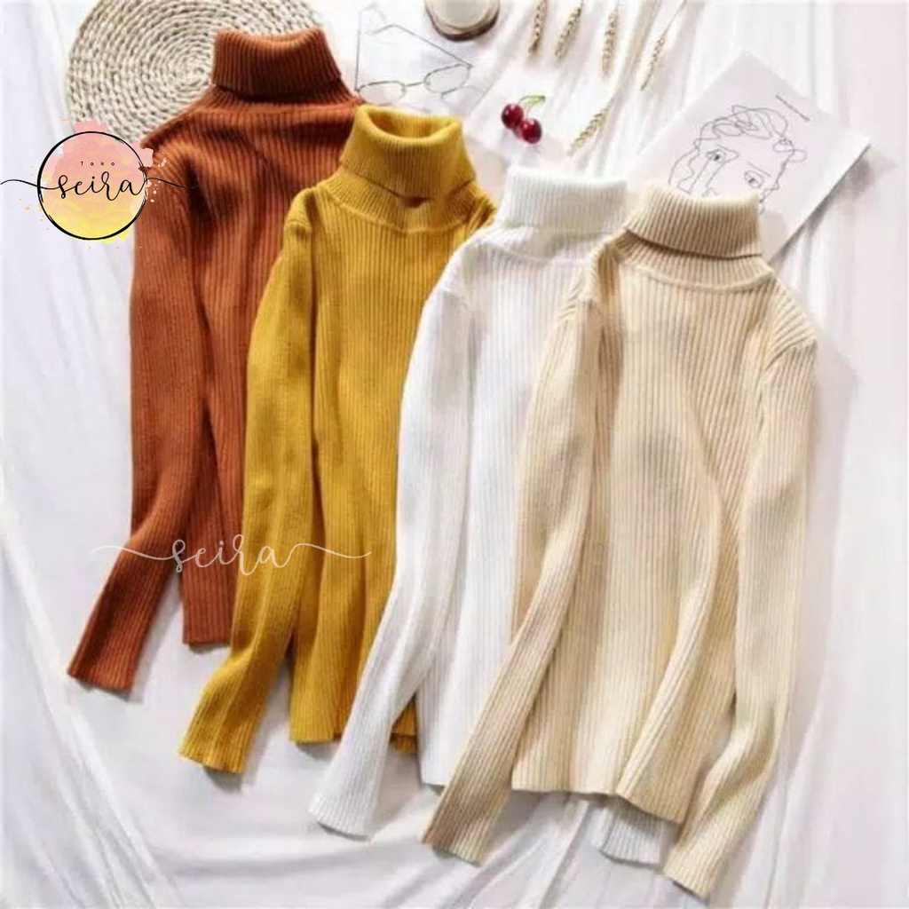 [BISA COD] Sweater Rajut Turtle Neck / Sweater Rajut Turtleneck Lengan Panjang Wanita / Sweater Rajut Longneck Wanita Ribbed