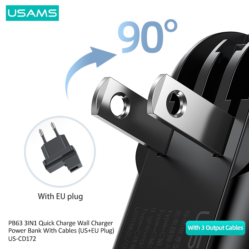 USAMS PB63 Powerbank 10000mAh Quick Charge 20W 3in1 Cable US+EU Plug