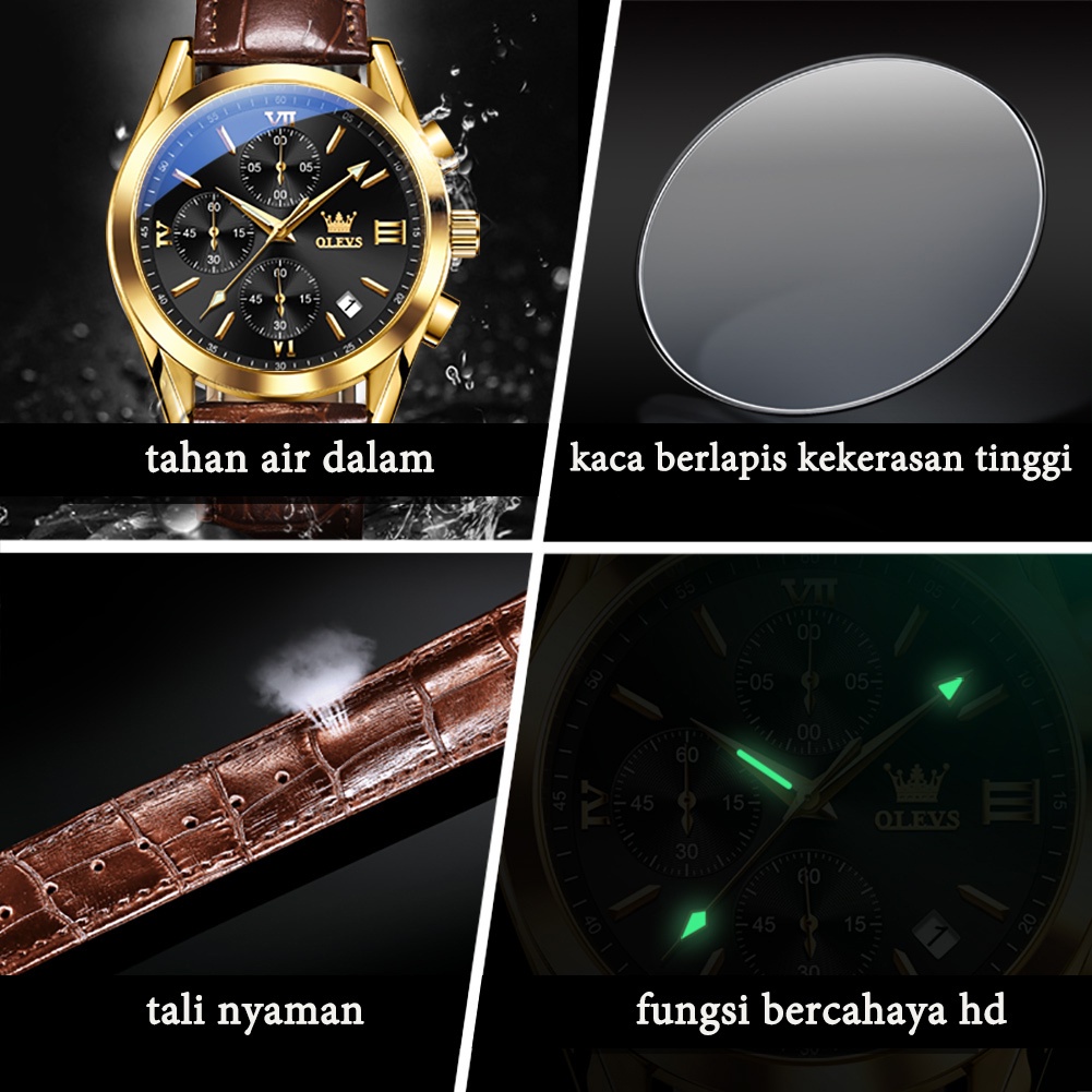 OLEVS Jam Tangan Pria Anti Air Original Asli Kulit Tahan Keren Ori Hitam Coklat Luxury Chronograph Watch Men Multifungsi