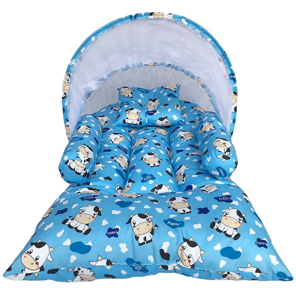 Kasur Bayi Berkelambu Lipat Bayi Motif Happy Cow Blue / Perlengkapan Tempat Tidur Bayi Set New Born