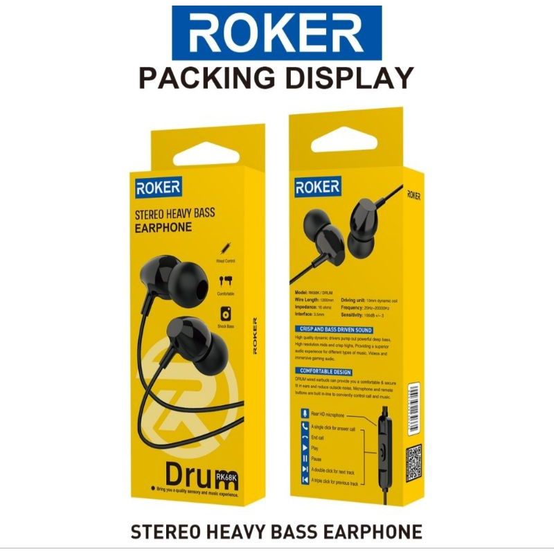 Headset Roker DRUM Rk68k - Earphone dengan Driver 10mm dan Mikrofon Bawaan