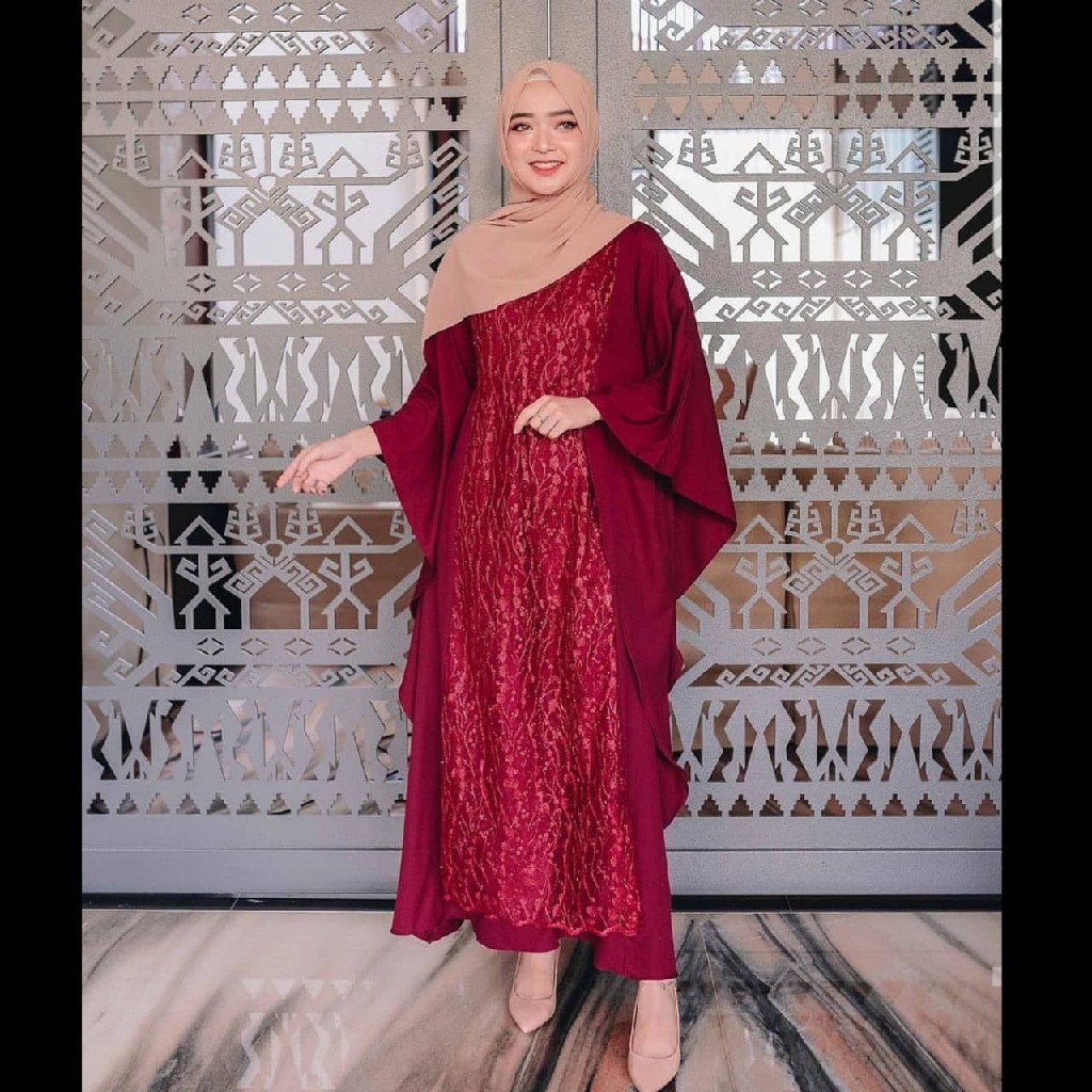 Khadj Hijab - Dress Gamis Muslim Mix Brukat Deanova-Maroon
