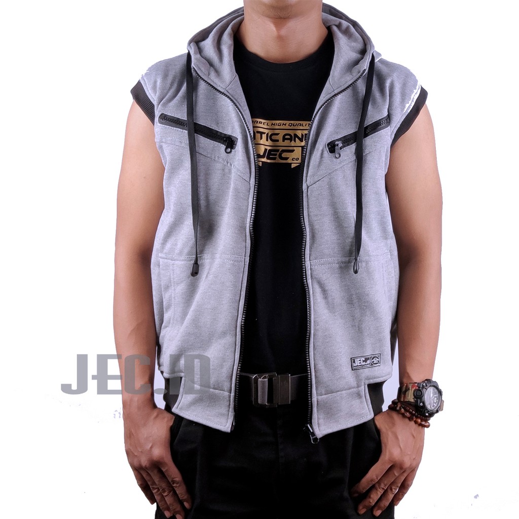 JEC Rompi Hoodie Pocket Zipper Abu Misty Sporty Full Premium | Tanpa Lengan