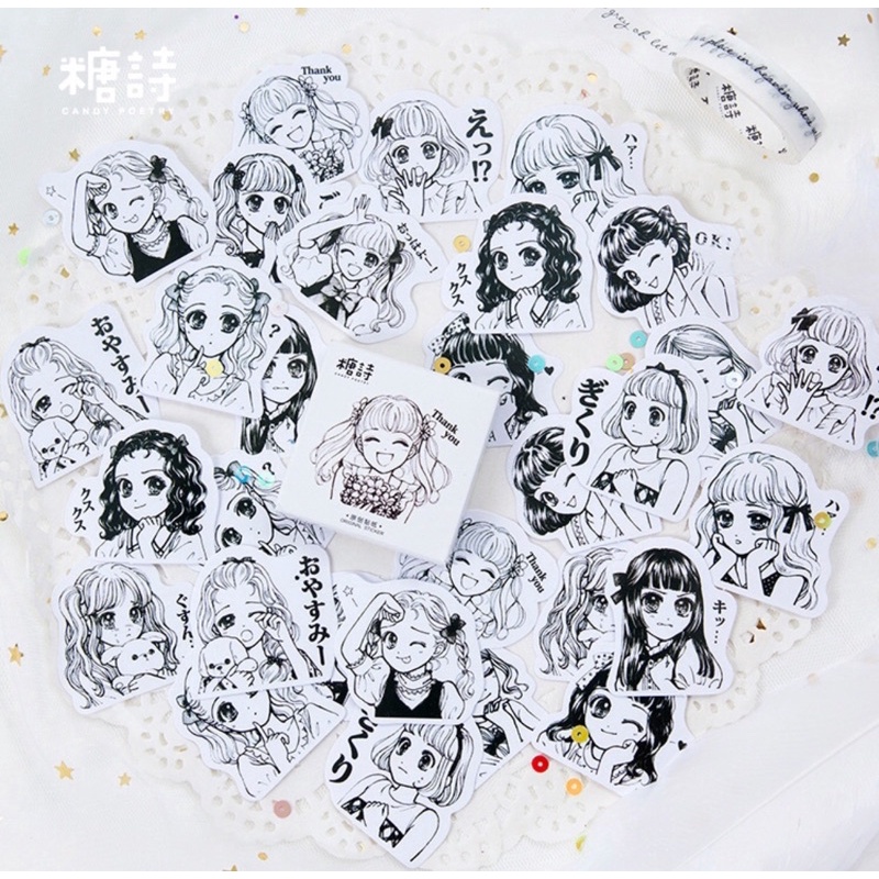 (45 PCS) STICKER AESTHETIC CUTE BOX STIKER LUCU MURAH BINATANG ORANG BUNGA SCRAPBOOK STIKER HP-Anime Girl B&W
