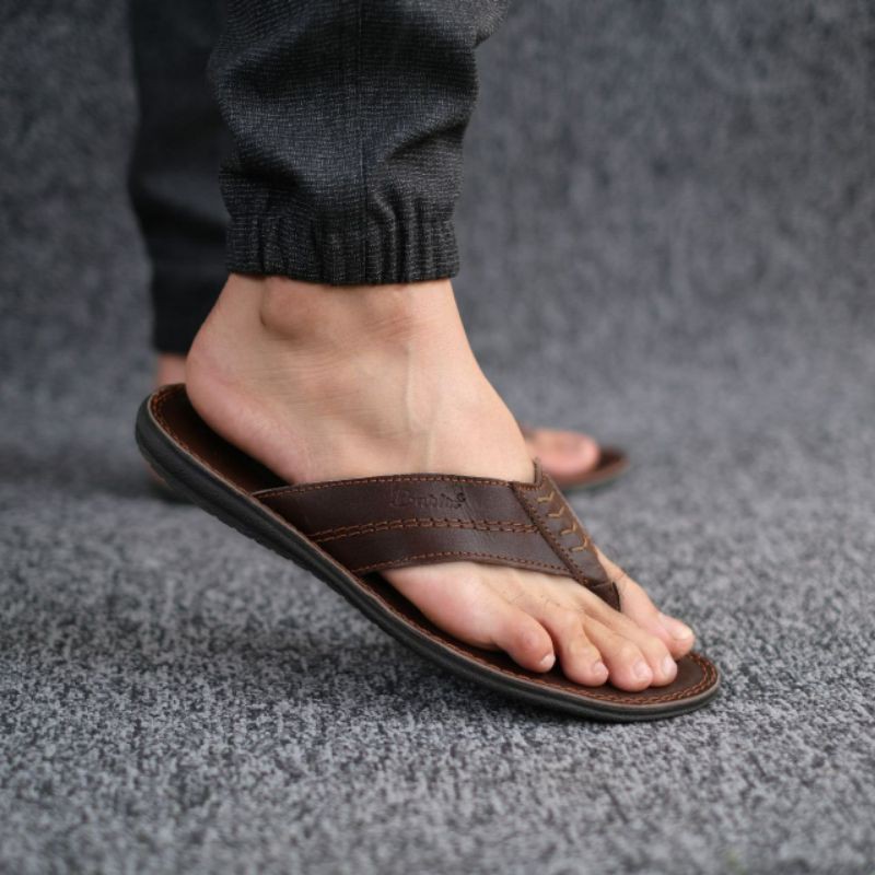 WOLF x ASTA - Sandal Casual Japit Pria Sendal Jepit Cowok Kulit Asli Full Leather 100%