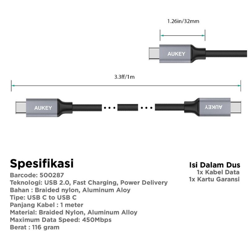 Aukey CB CD5 Cable USB C To C Original Garansi Resmi Aukey