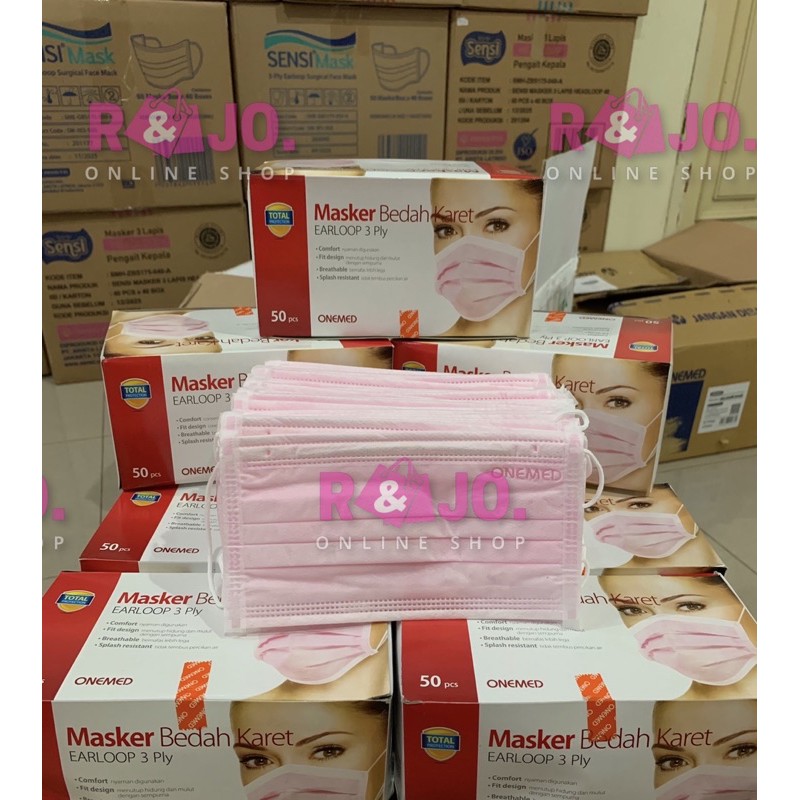 MASKER MEDIS ONEMED 3PLY isi 50 pcs warna PINK