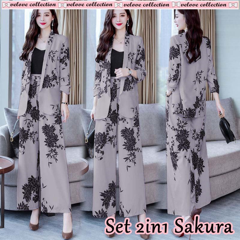 MIA STORY FASHION Setelan Motif Bunga 5 Warna One Set Cardy + Celana Super Cantik Setelan Wanita Kekinian-Abu