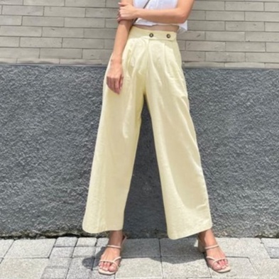 HOPYLOVY Celana Kulot Wanita Katun Linen Double Button Jemima / Celana Panjang Wanita Polos-CREAM