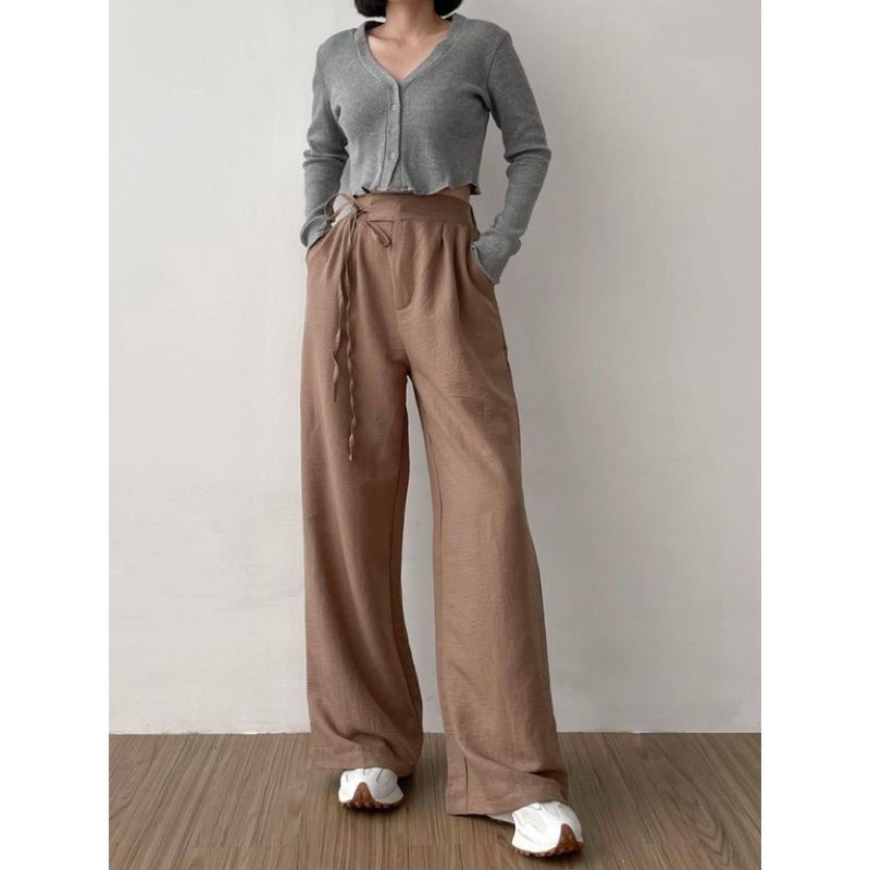 Highwaist Kulot Cringkle Pants Wanita Loose