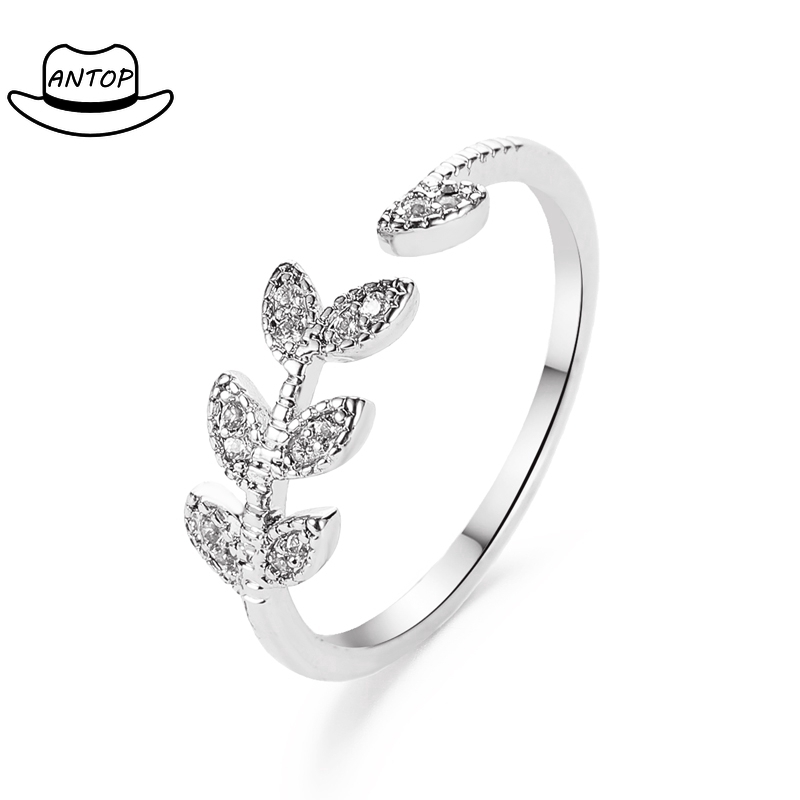 Antop！ Cincin Perak Crystal Daun Imitasi Wanita Zirkon Daun Pohon Sederhana Rings