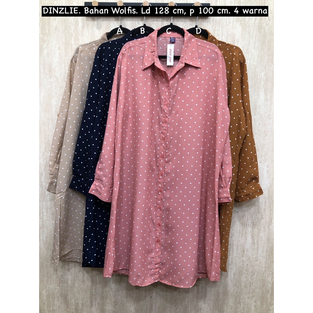 KEMEJA PANJANG DRESS TUNIK TUNIC BAHAN WOLFIS MOTIF DOT POLKA POLKADOT JUMBO BIGSIZE