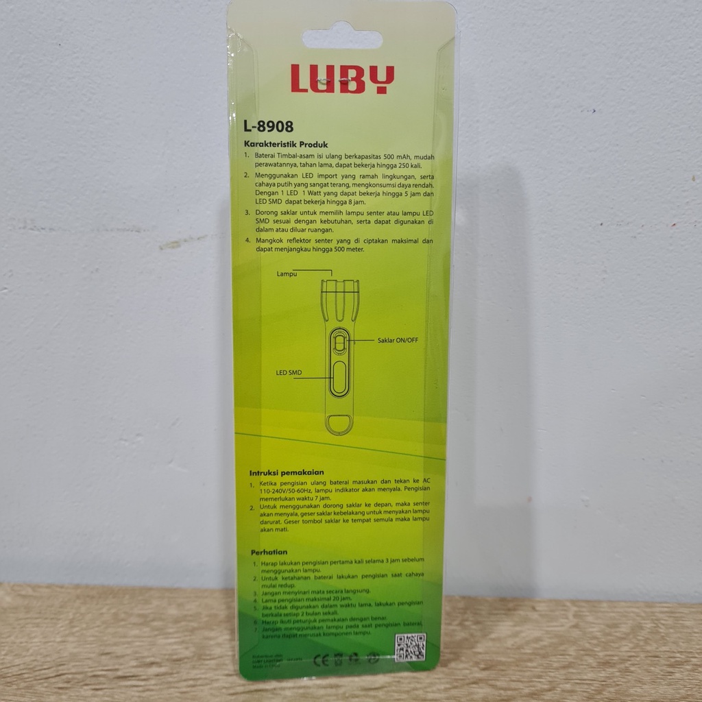 Senter Cas LUBY L 8908 Putih Baterai Rechargeable Ulang LAmpu EMergency LED Camping 1 Watt