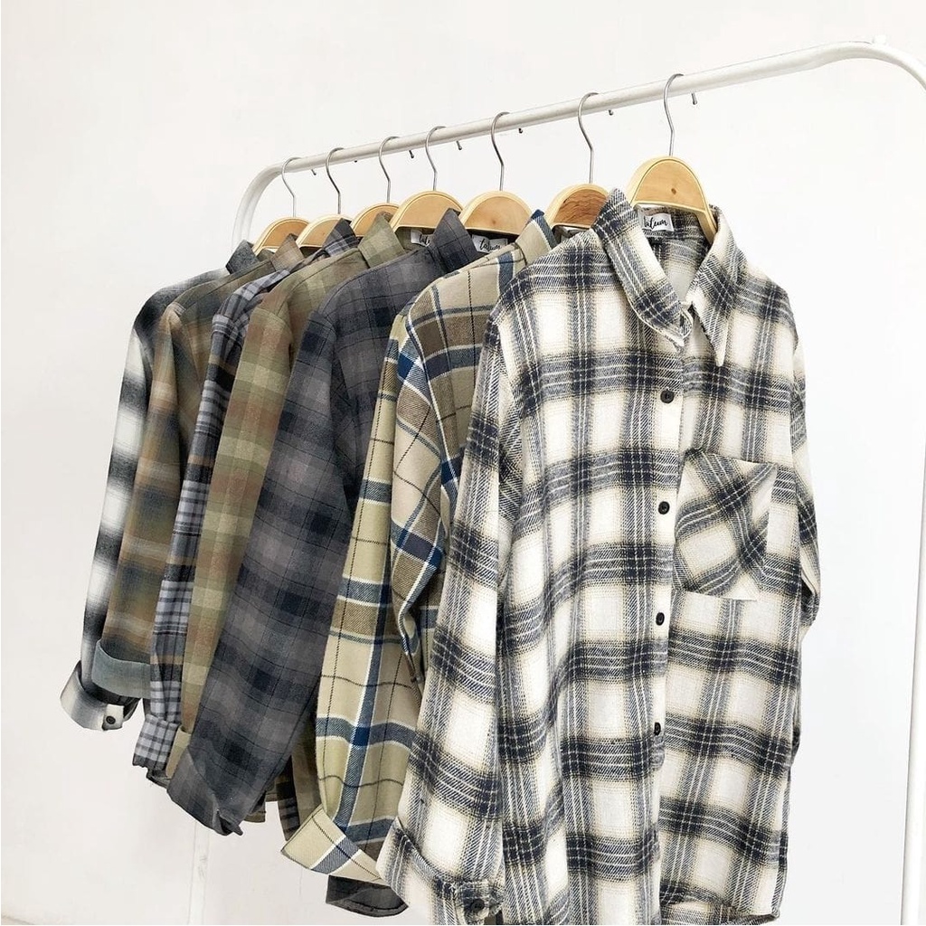 Kemeja Pria Lengan Panjang Flanel Wanita Cewek Cowok Bahan Flannel Motif Kotak Kotak Original Premium Quality Import Korea