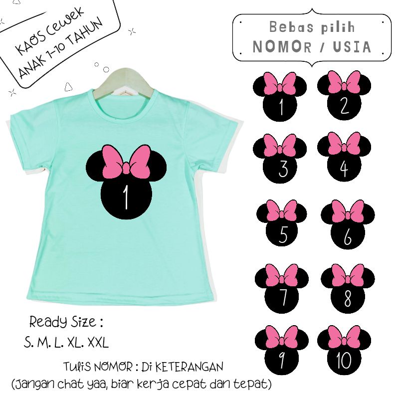 Baju Kaos Anak Cewek 3-12 tahun sampai Dewasa Jumbo MINNIE PITA