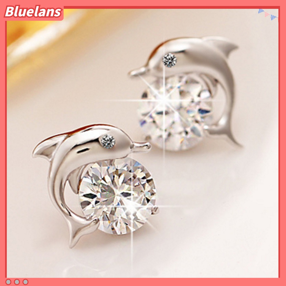 Anting Stud Bentuk Lumba-Lumba Bahan Cubic Zirconia Lapis Silver Untuk Wanita