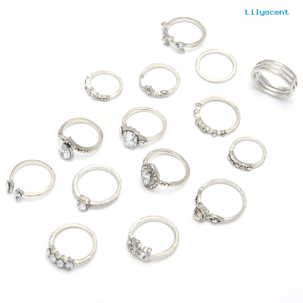 15pcs Cincin Jari Warna Silver Model Hollow Out Untuk Wanita