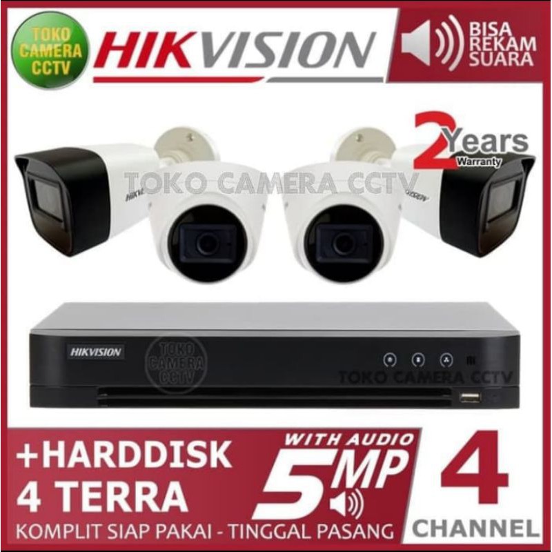 PAKET 4 CAMERA CCTV AUDIO SUARA HIKVISION 5MP LENGKAP HARDISK 4TB